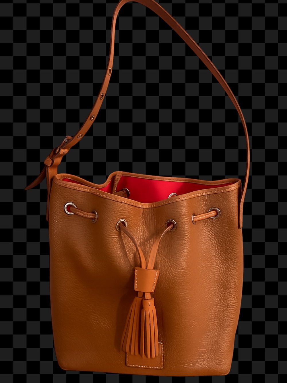 Dooney & Bourke Brown Pebbled Leather Bucket Bag with Red Interior